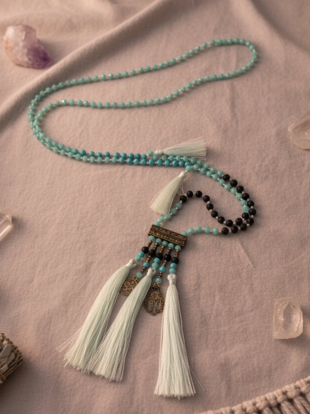 Chic Light Blue Tassel Beaded Necklace with Om & Hamsa Charms 40” Long